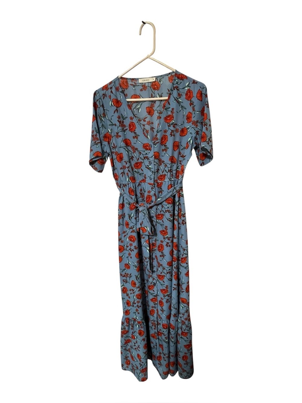 Rokoko M Blue Floral Maxi Dress Boho Cottagecore Romantic Tie Waist Button